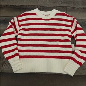 Red and White Striped Crew Neck Sweater